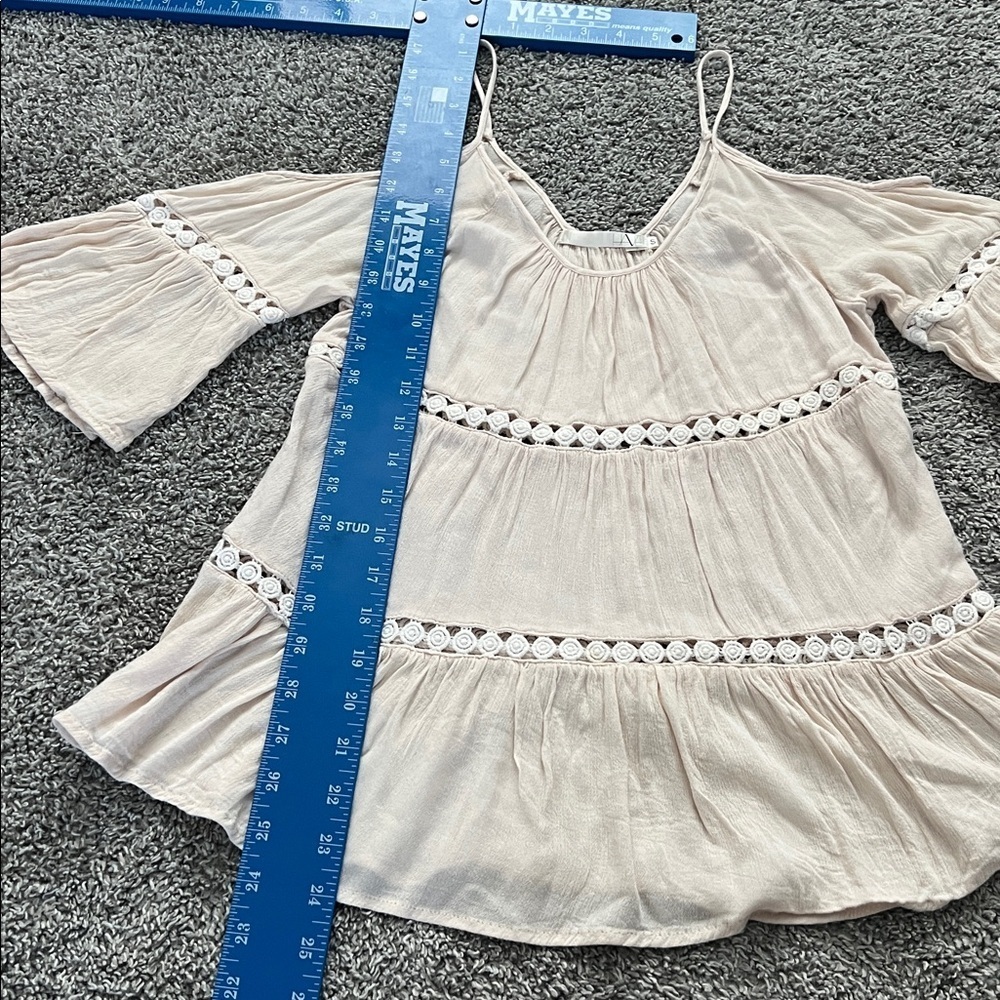 Have Junior’s Flowy Cream Boho Blouse Off-the-Shoulder Spaghetti Straps - Size S - Picture 7 of 9